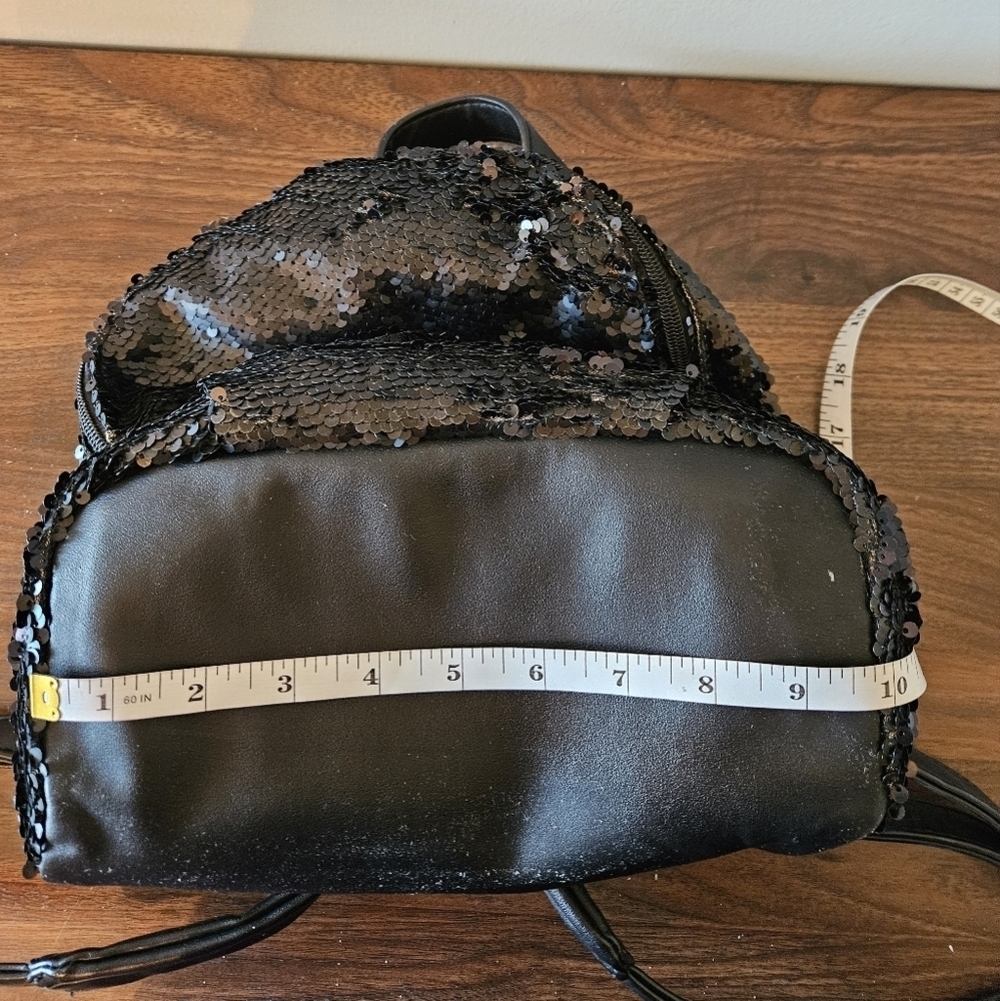 Black Sequined Faux Leather Small Backpack Adjustable Strap Silvertone Hardware - Picture 14 of 16